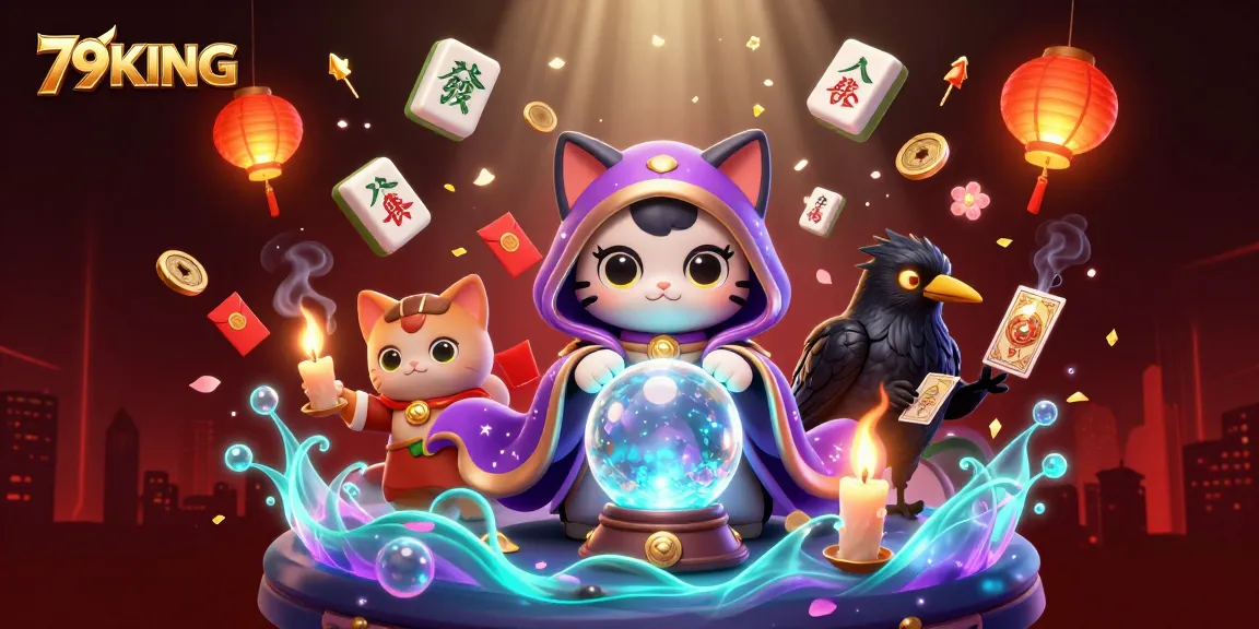 79KING enchanted casino illustration showcasing a mystic cat and a raven amidst vibrant game elements.