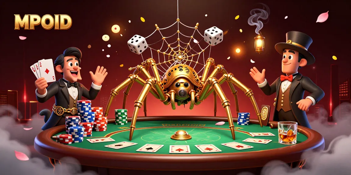 MPOID engages players with a colorful 3D casino world featuring a golden spider and poker elements.
