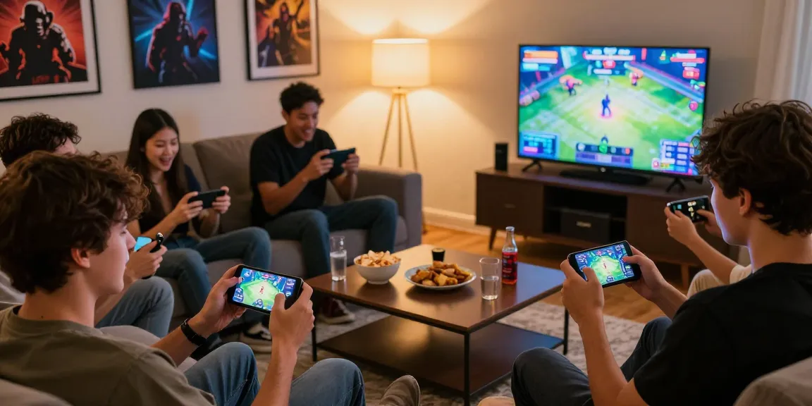 Engaging Raja Game login scene with friends enjoying the game together on smartphones in a cozy living room.