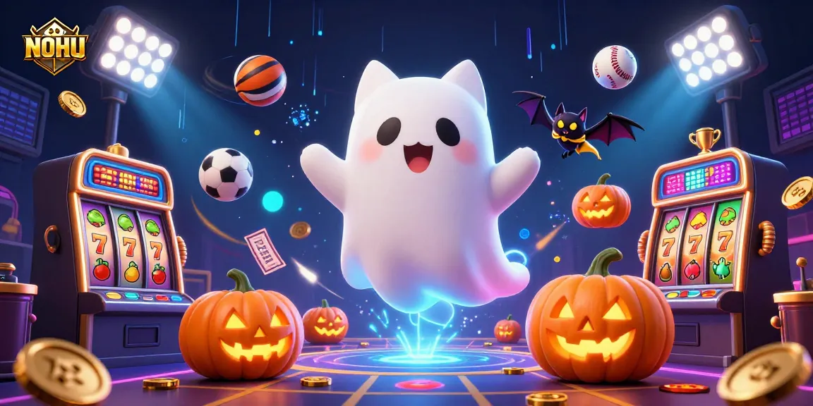 NOHU showcases a whimsical ghost cat and vampire bat gambling amidst lively slot machines with a spooky flair.