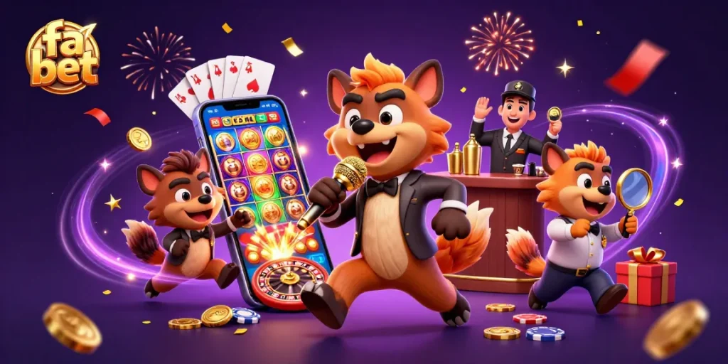 Engage with fa bet as hyenas animate a vibrant casino scene filled with slot games and laughter.