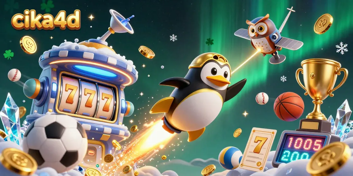 Engage with cika4d as a golden penguin rockets toward a vibrant casino, surrounded by dazzling slot games and sports elements.