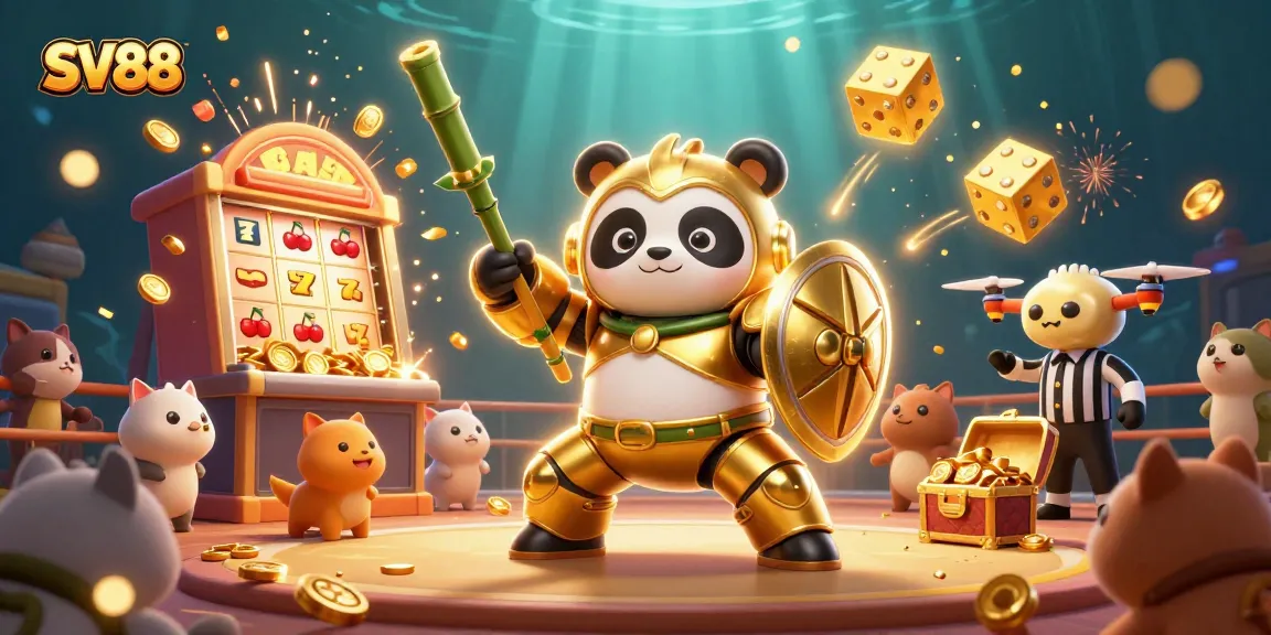 Engage with SV88's dynamic cockfighting scene, featuring a golden panda and vibrant casino elements.