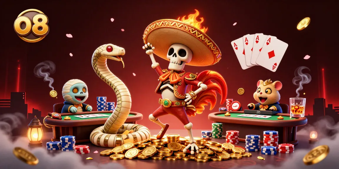 Experience the thrill of o8 casino with a vibrant scene of animated characters celebrating amidst poker elements.