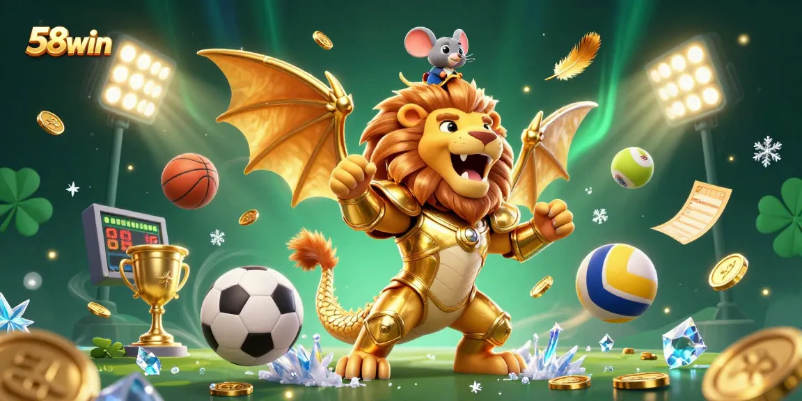 Bet on a thrilling 58win experience featuring a lion-headed chimera and dynamic sports elements.