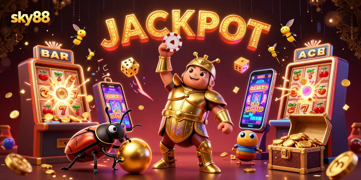 Experience thrilling wins at sky88 with a vibrant jackpot celebration in a 3D casino illustration.