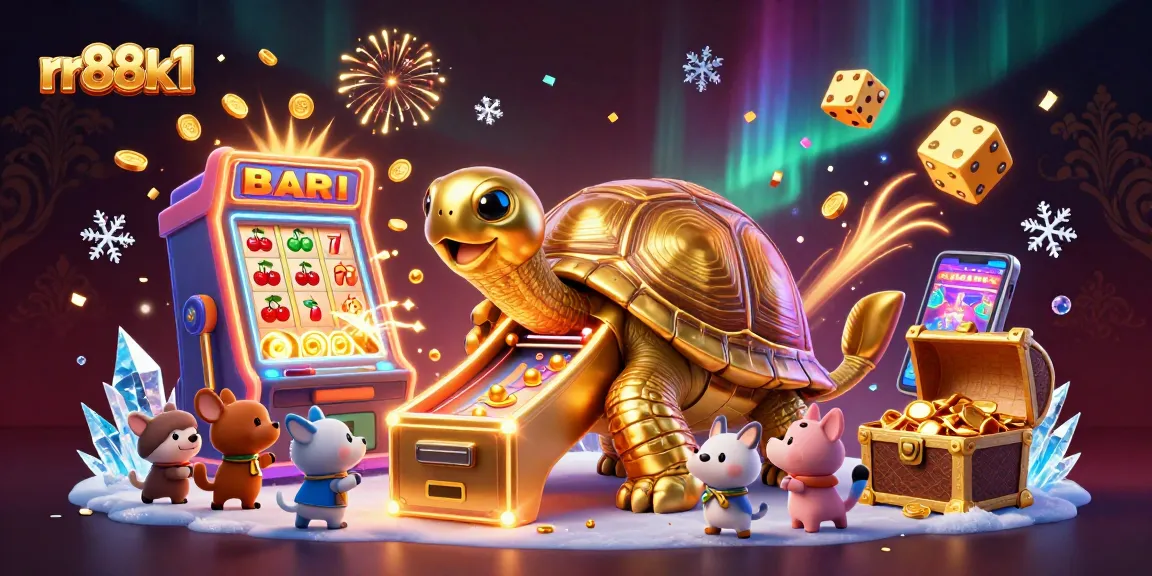 Experience the vibrant casino scene at rr88k1 with a golden tortoise pinball machine and slot explosions.