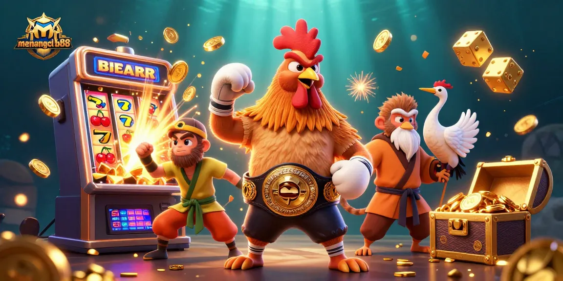 Win exciting jackpots with menangclub88 in this vibrant 3D casino adventure illustration.