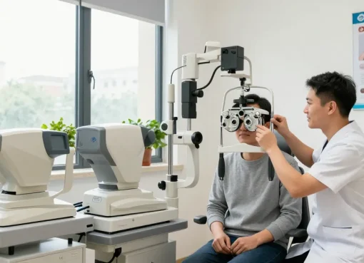 Eye care examination at snuseoulglobal.com/ru showcasing modern equipment and patient interaction.