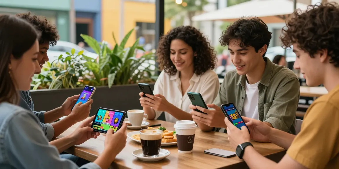 Friends enjoying the jaiclub gaming experience at an outdoor café, smartphones showcasing exciting game graphics.