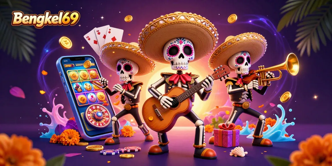 Spin the reels and win with Bengkel69 featuring a festive mariachi scene and vibrant casino elements.