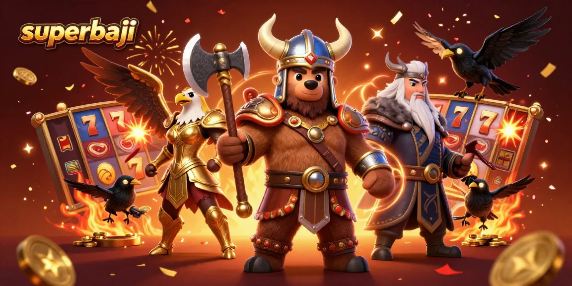 Experience superbaji excitement with a Viking bear and Valkyrie in a vibrant casino scene.