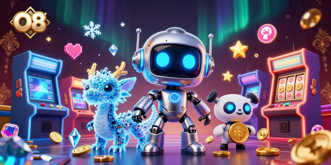 Experience O8's vibrant casino adventure with neon characters and game elements