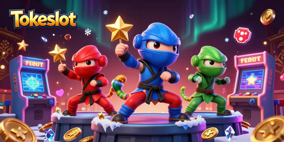Tokeslot unleashes gaming excitement with ninja chameleons battling amidst vibrant arcade elements.