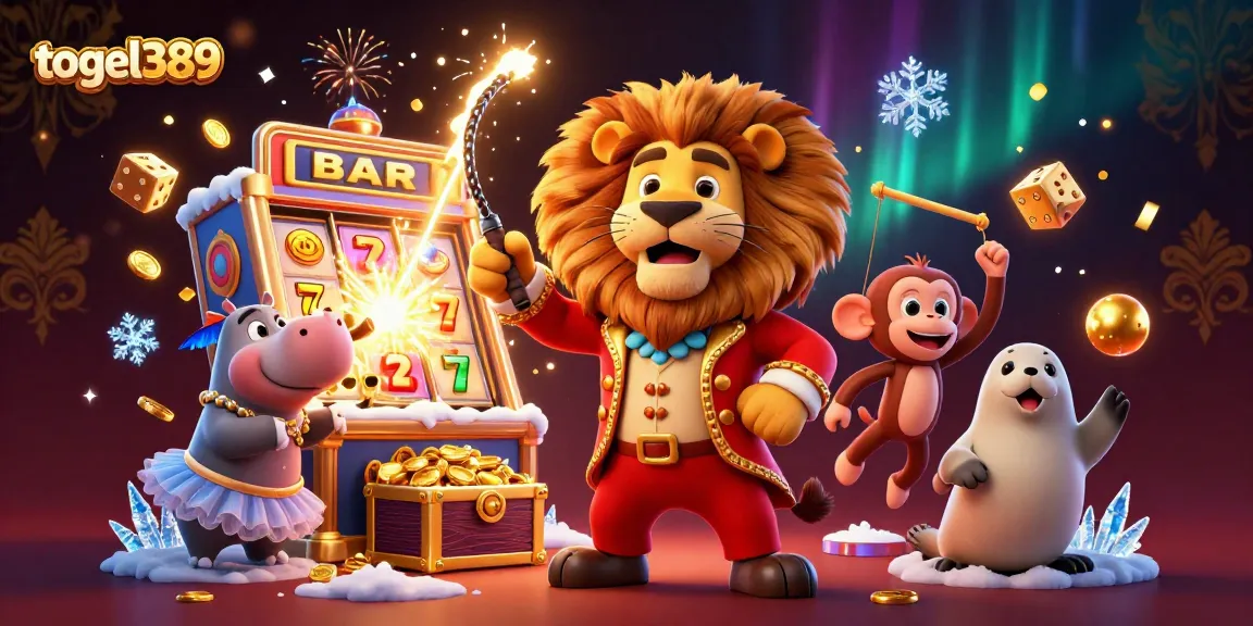 Experience thrilling gameplay with togel389, featuring a vibrant 3D scene of casino characters amidst a jackpot explosion.