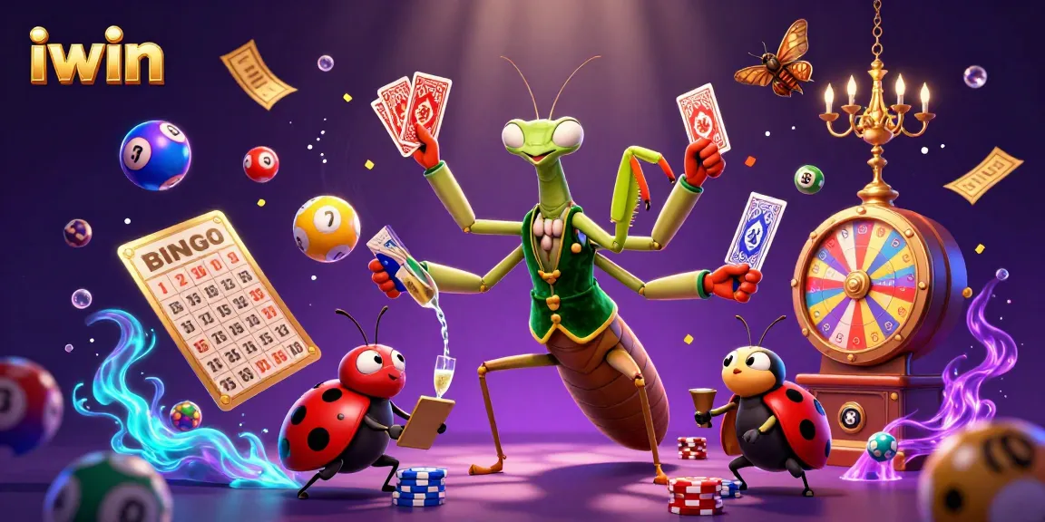 iwin showcases vibrant casino action with a 3D mantis dealing cards and lottery excitement.