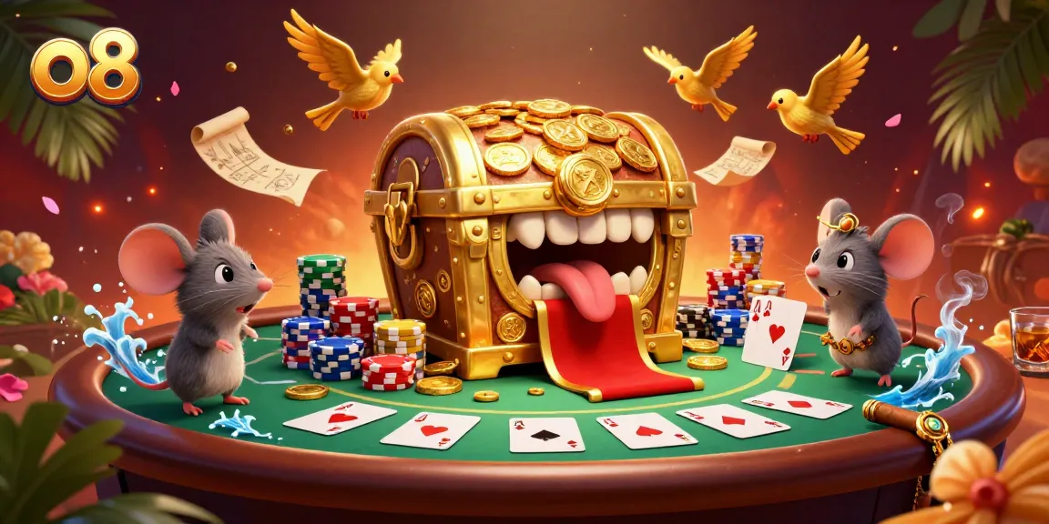 Experience the thrill of casino gaming with o8's captivating treasure chest and poker elements.