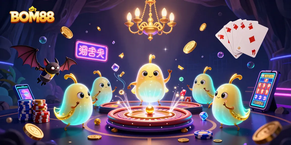 BOM88 casino scene featuring glowworms lighting up a vibrant cave with games and sparkling coins.