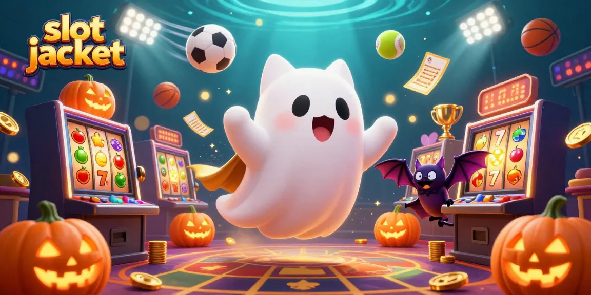 Menangkan slot jackpot dengan permainan di kasino online, dikelilingi oleh kucing hantu dan dekorasi menarik.