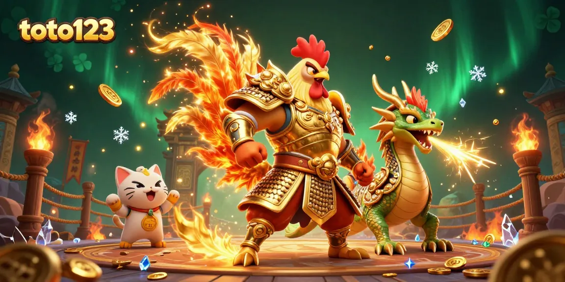 Toto123 ensures exciting wins with a powerful rooster warrior and dragon in an enchanted gambling arena.