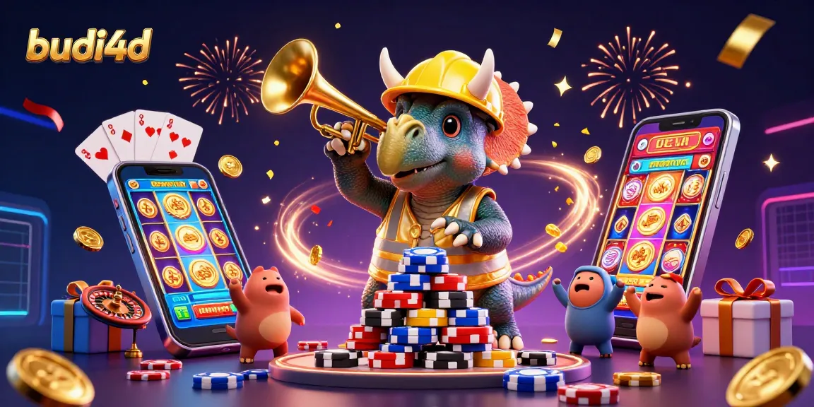 Budi4d casino adventure featuring a 3D triceratops constructing poker chip towers with confetti and festive elements