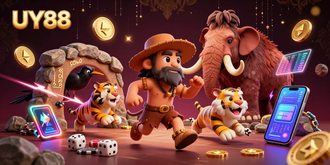 Join UY88's thrilling casino adventure with cavemen and sabertooths amidst vibrant crypto-themed excitement!