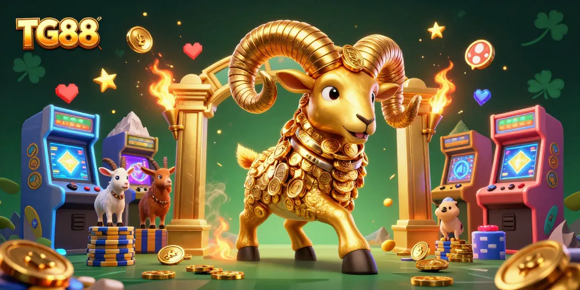 TG88 showcases 3D golden ram charging with colorful arcade machines in the vibrant casino scene.