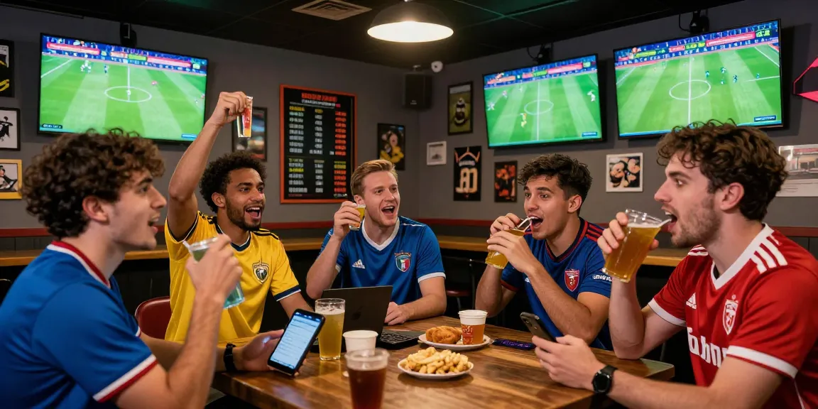 Prediksi Bola Malam Ini scene with friends enjoying live sports betting at a lively bar, showcasing excitement and engagement.