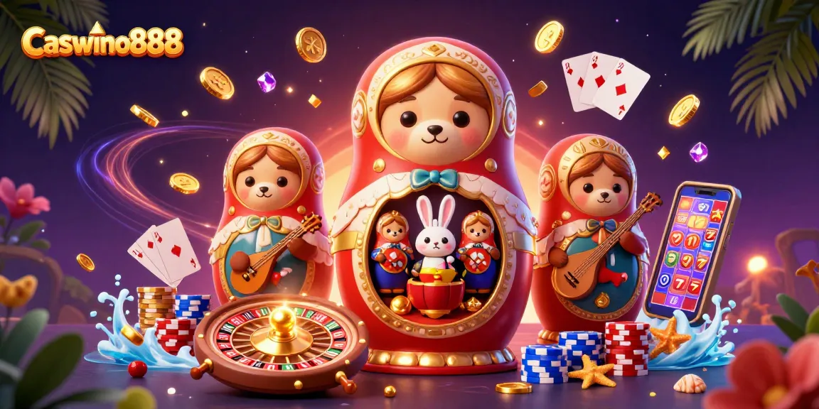 Win exciting rewards at Caswino888 with vibrant casino-themed illustration featuring playful characters and game elements.