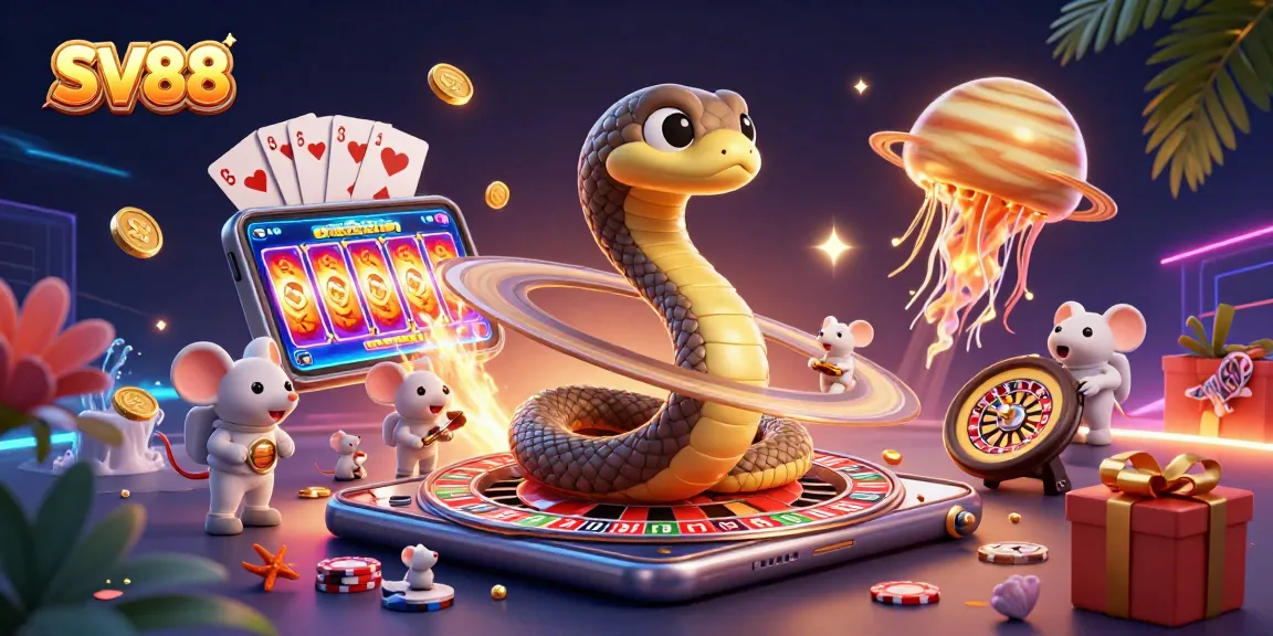 SV88 brings excitement with cosmic characters and dynamic gaming elements in a vibrant casino scene.