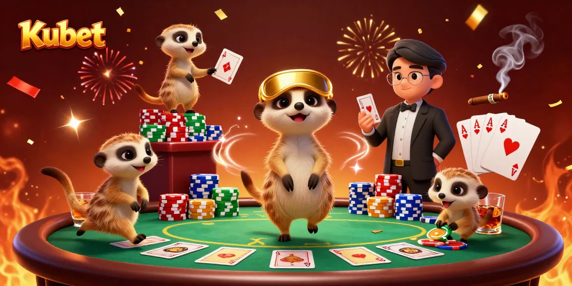 Kubet's meerkat casino scene showcasing dealers and excitement with vibrant colors.