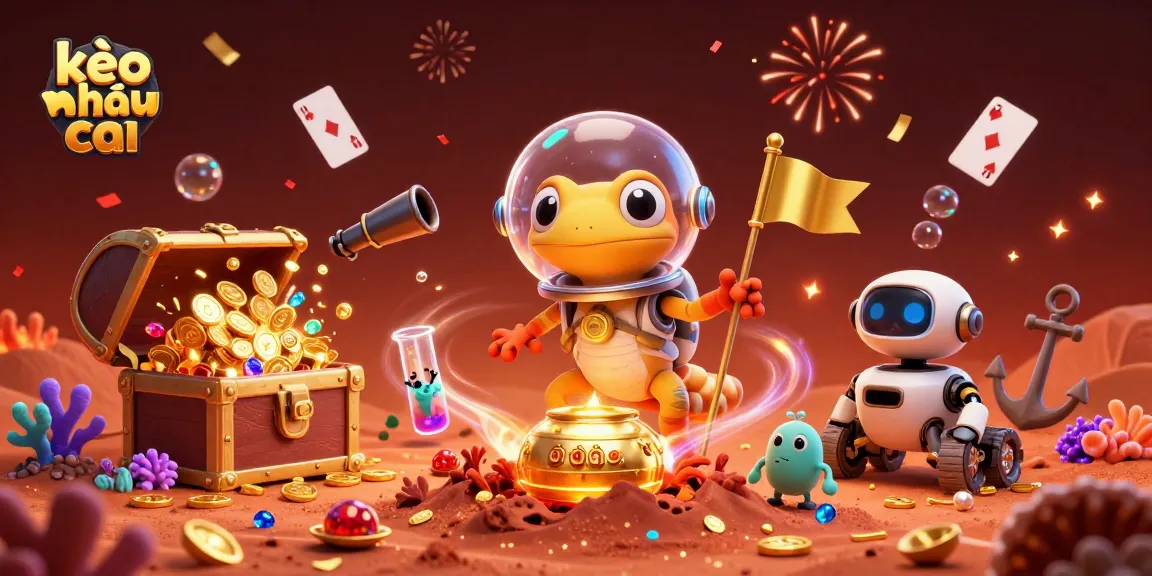 Engage with kèo nhà cái at the golden casino in a vibrant 3D Martian scene filled with treasures.