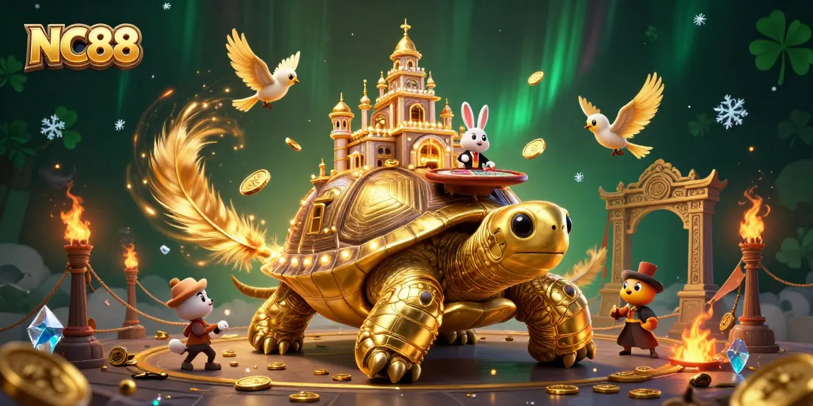 Experience the thrill at NC88 with our vibrant casino illustration featuring a golden tortoise and a rabbit dealer.