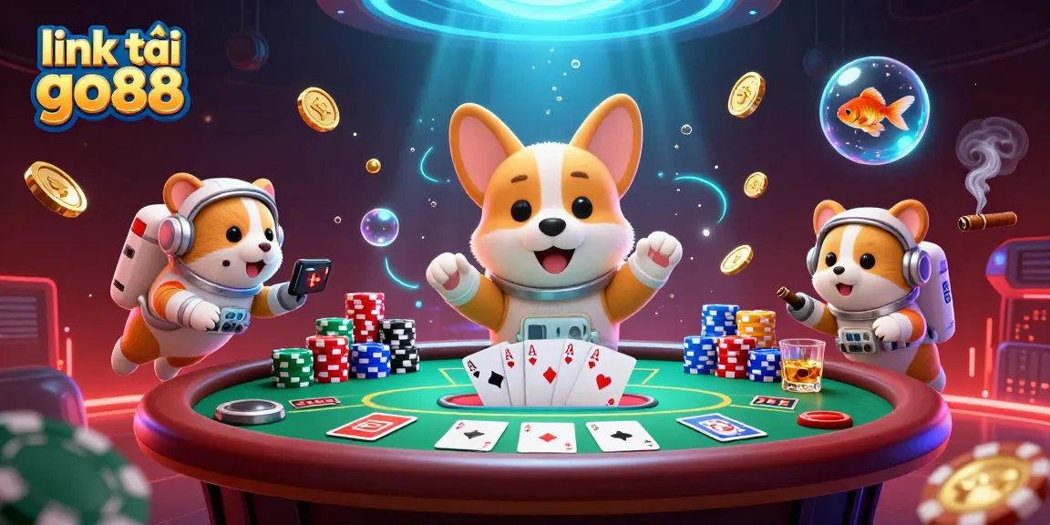 link tải go88 showcases a vibrant casino scene featuring an astronaut corgi and poker elements