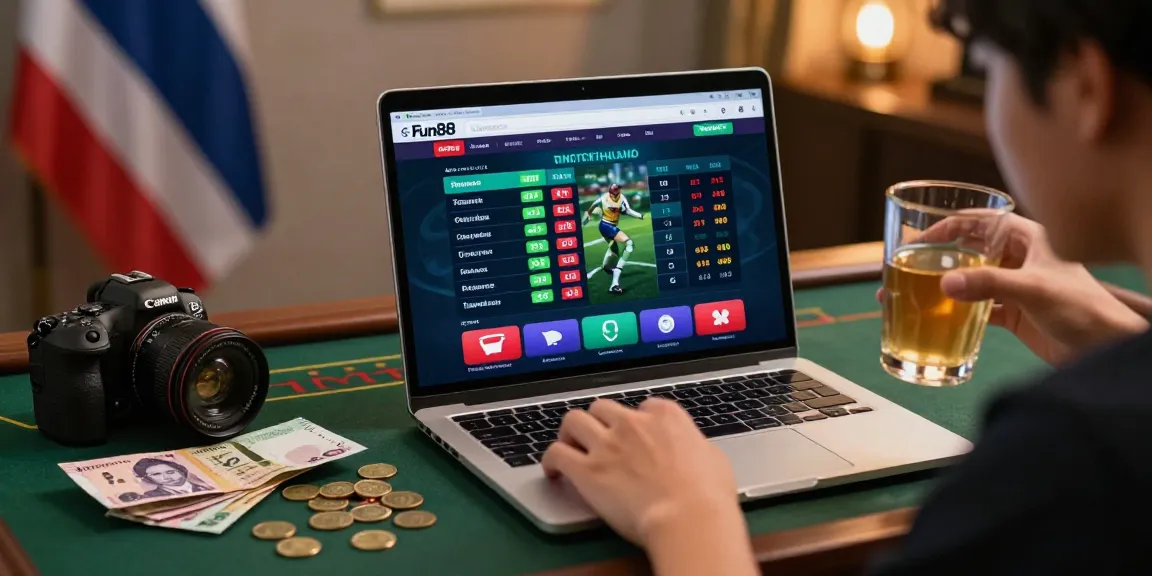 Engaged bettor exploring Fun88Thailand website with Thai currency in a cozy atmosphere.
