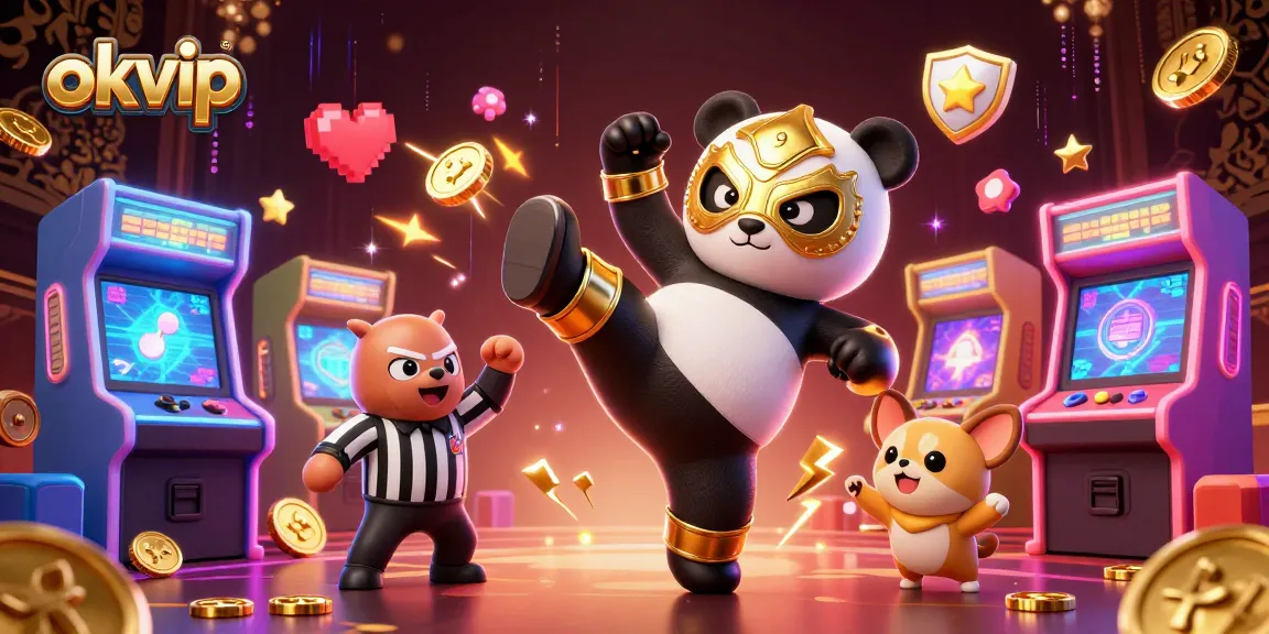 Experience thrilling gameplay with okvip as a panda wrestler delivers a flying kick amid vibrant casino elements.