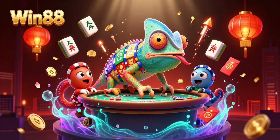 Win88 features a vibrant casino scene with a lively chameleon character showcasing exciting gameplay elements.