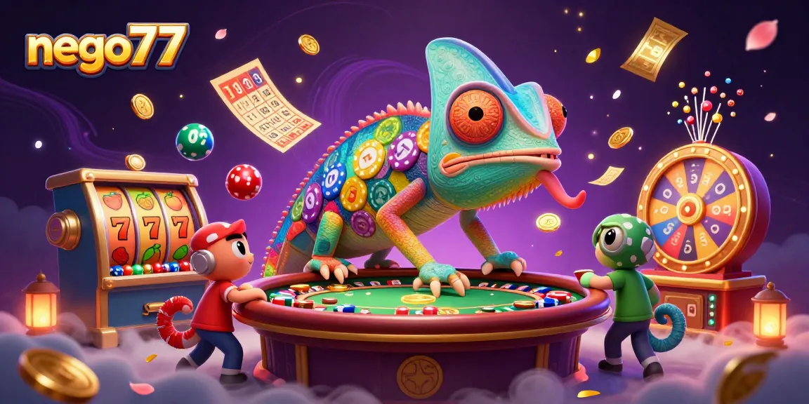 Experience winning at nego77 with a vibrant 3D casino scene filled with dynamic slot and lottery elements.