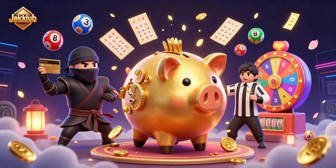 Engage with Jaiclub's thrilling lottery adventure featuring a golden piggy bank sumo wrestler and wallet-ninja.