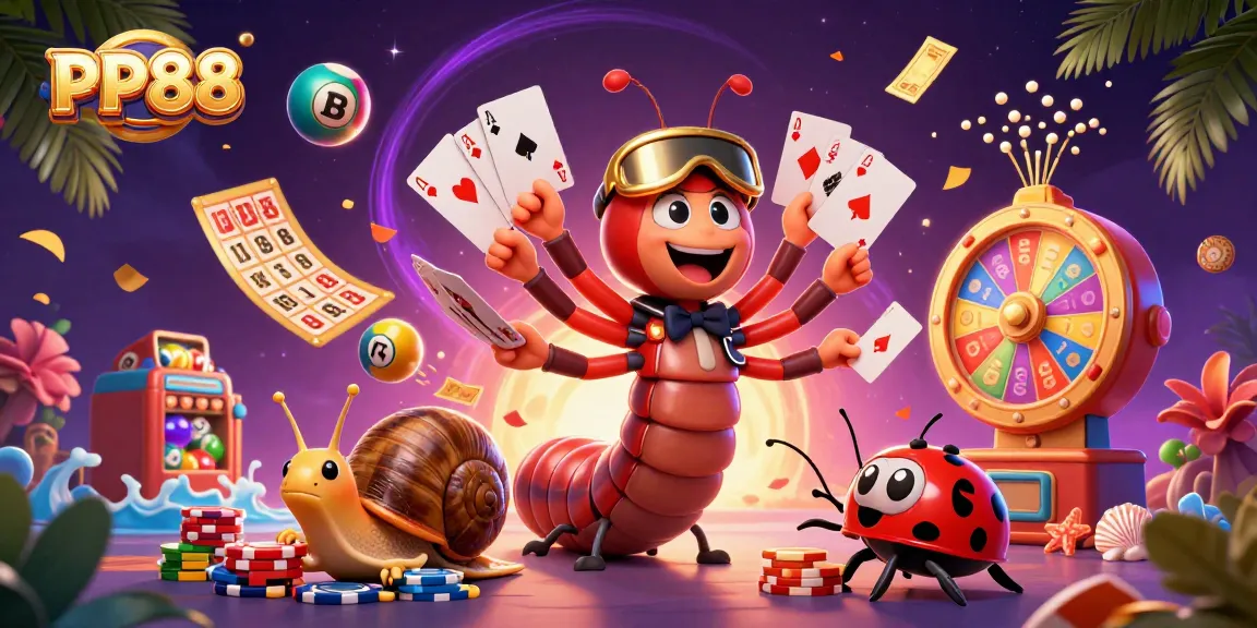 Experience the excitement of gambling with PP88 through a vibrant 3D casino illustration filled with dynamic game elements.