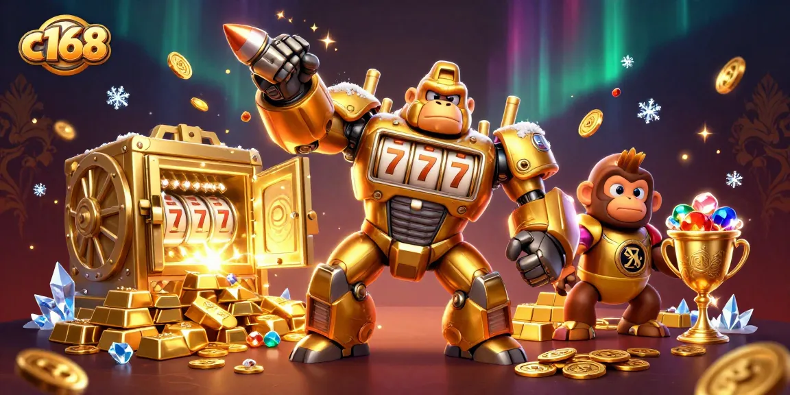 Engage with thrilling c168 gaming action featuring an explosive golden gorilla mech and treasure galore.