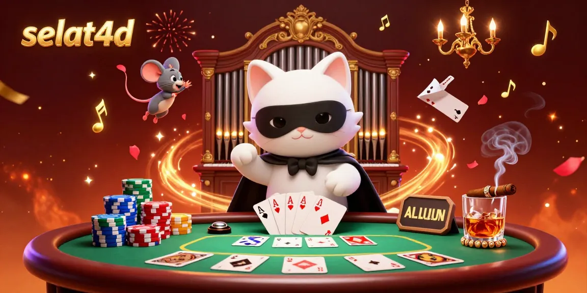 Engage in thrilling game action with selat4d as the captivating cat leads a festive casino scene filled with poker elements.
