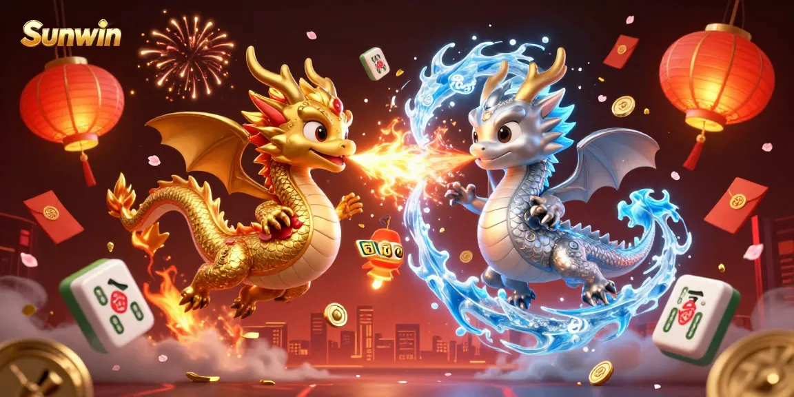 Sunwin casino scene featuring twin dragons, slot reels, and vibrant gaming elements.