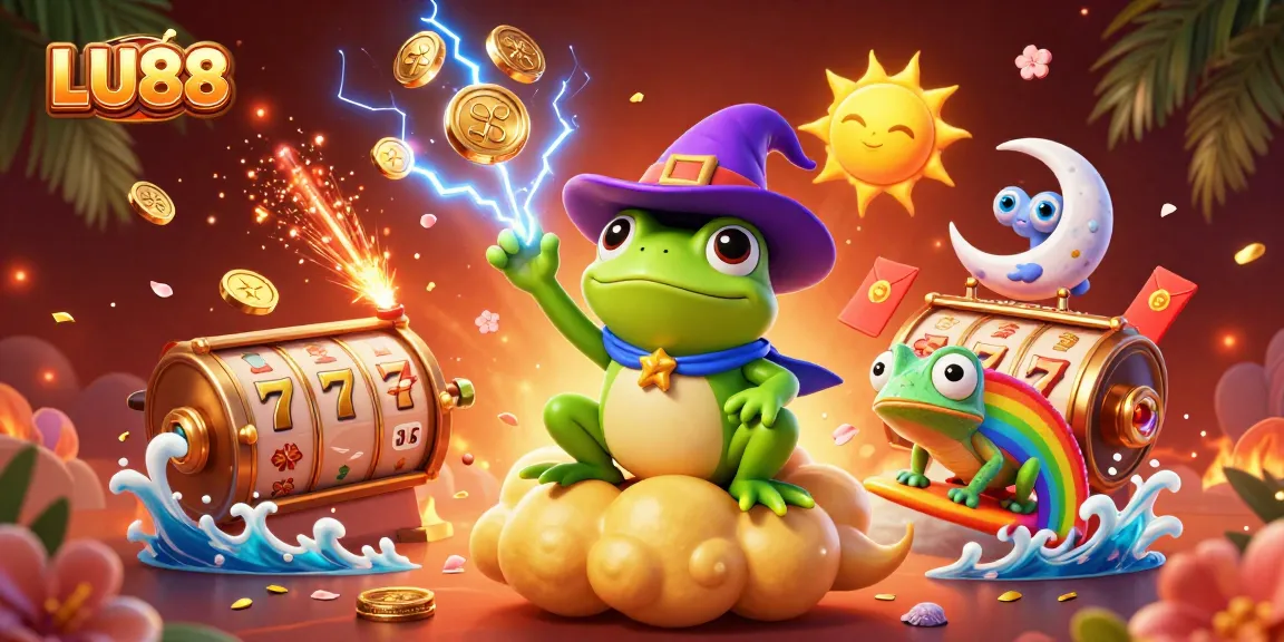 Experience thrilling wins at LU88, with animated characters celebrating around golden casino symbols.