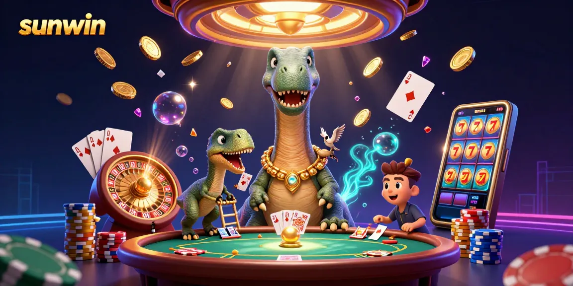 Experience thrilling gameplay at sunwin with a whimsical 3D casino scene featuring a brontosaurus and raptor.