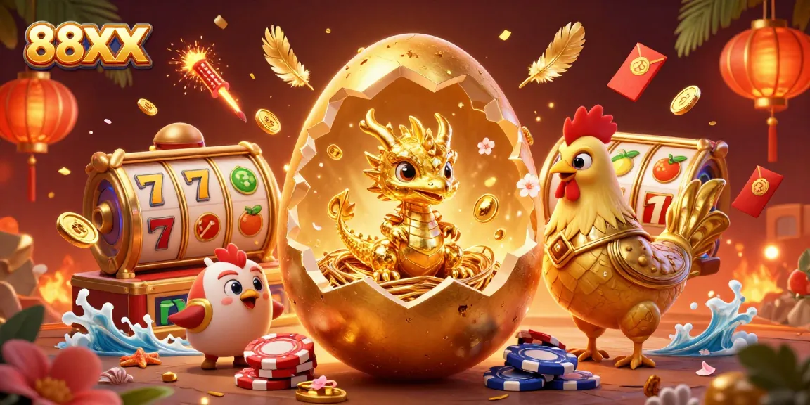 Experience thrilling moments with 88XX casino as the golden baby dragon guards poker chips.