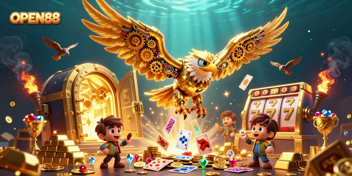 Experience big wins with OPEN88's animated golden eagle soaring through shimmering symbols and treasures.