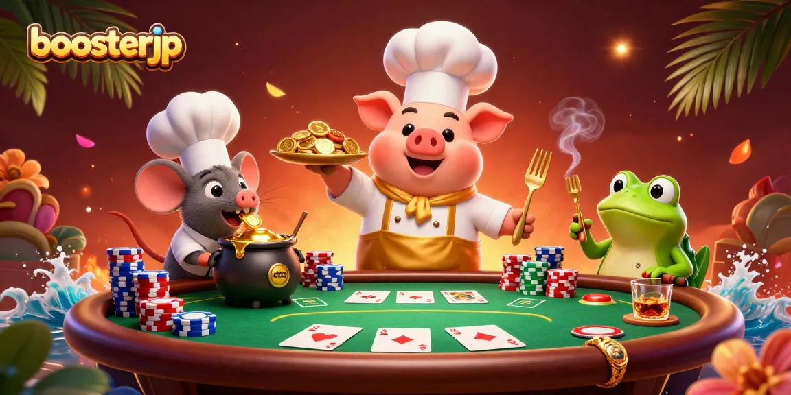 Experience thrilling wins with boosterjp at this vibrant casino scene featuring playful characters and poker elements.