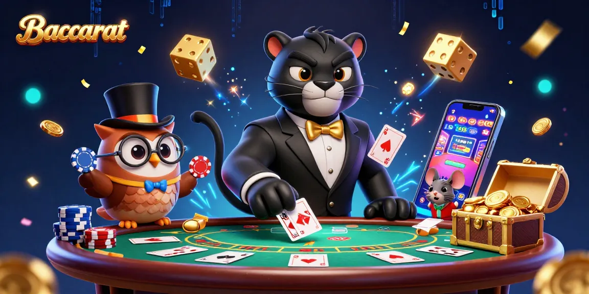 Baccarat table with stylish characters engaging in a lively card game surrounded by casino elements.
