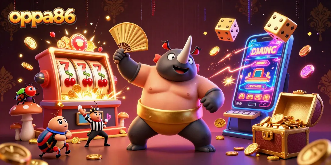 Engage with oppa86's thrilling casino adventure featuring a vibrant illustration of a sumo beetle amidst slot machines and jackpots.
